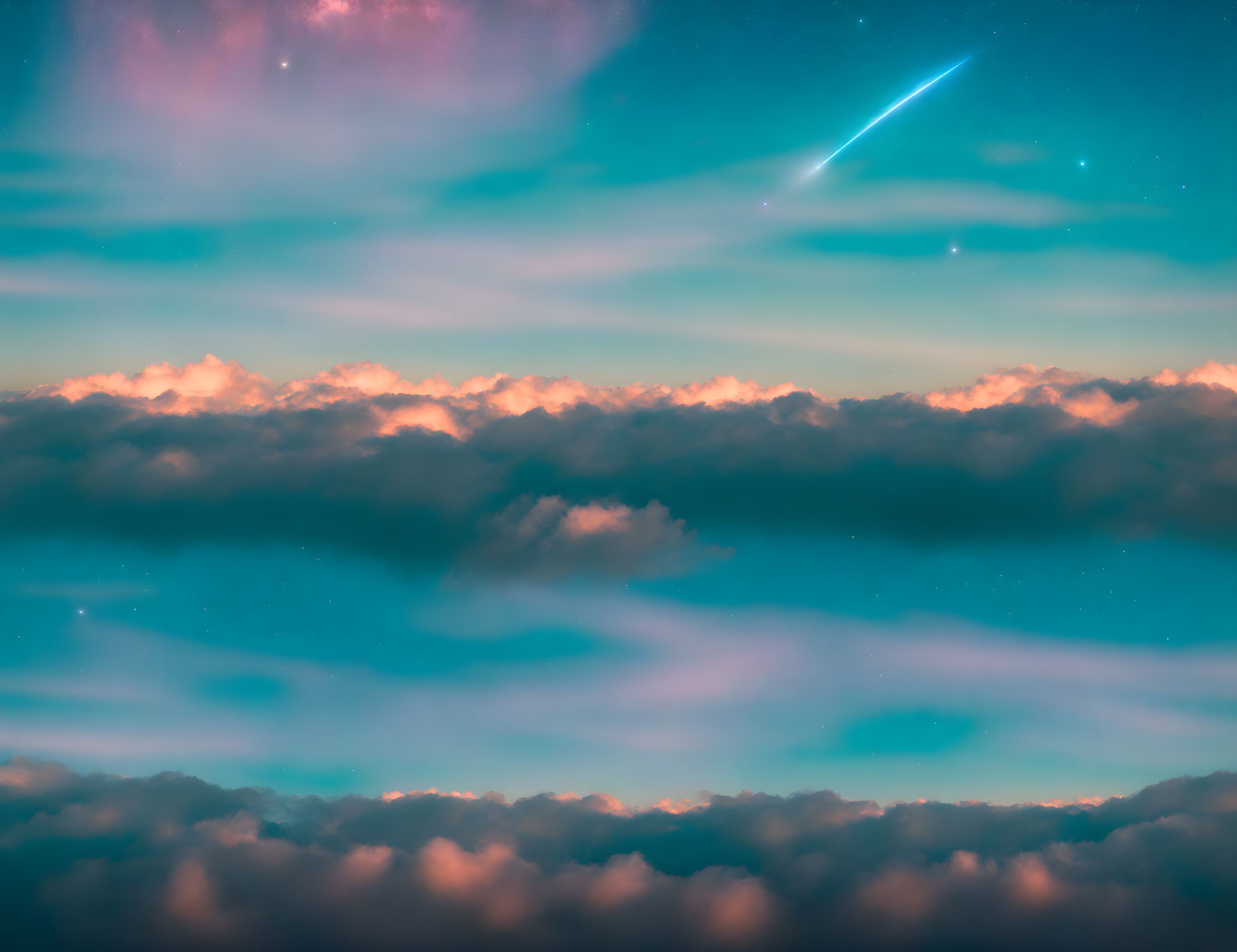 Tranquil sky with soft clouds and shooting star in warm orange light