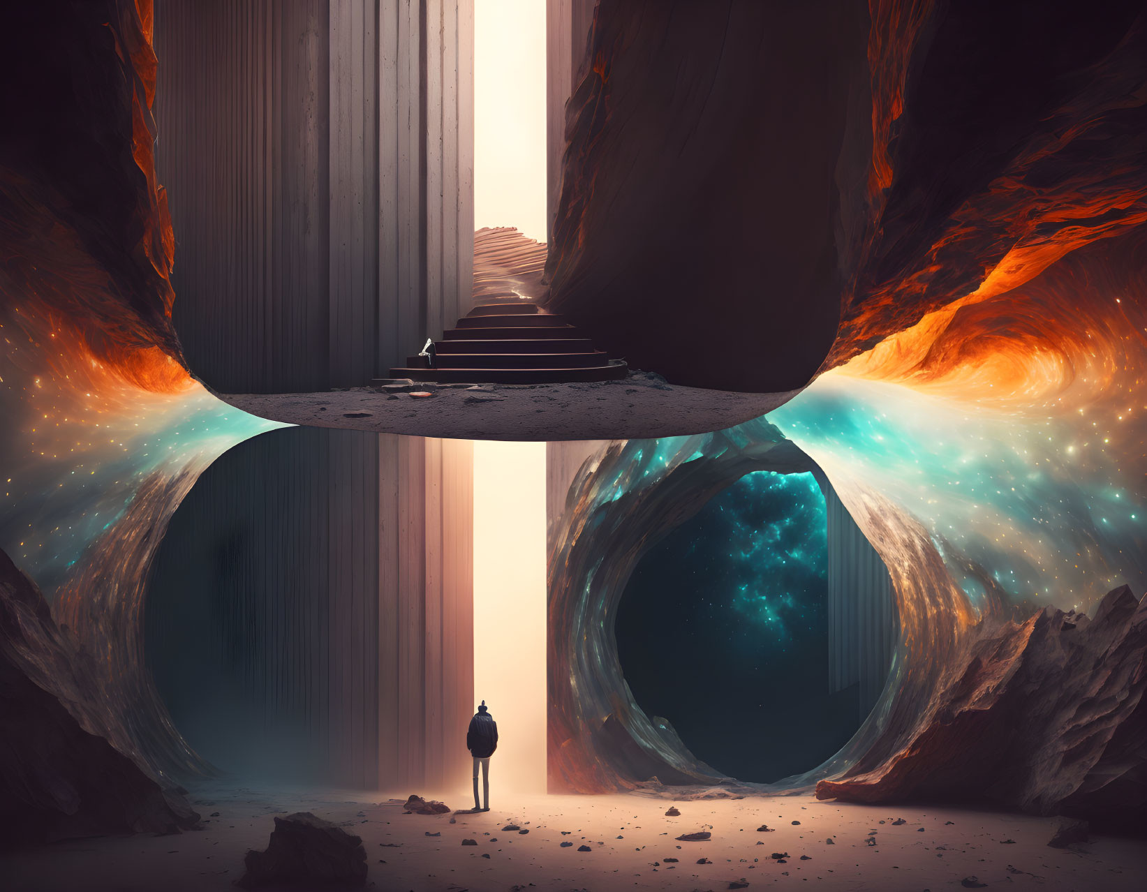 Surreal landscape with floating mirrored staircase and fiery rock formations