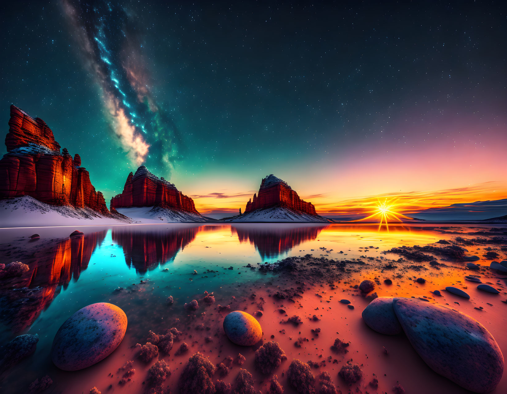 Tranquil lake sunset with rock formations and starry sky