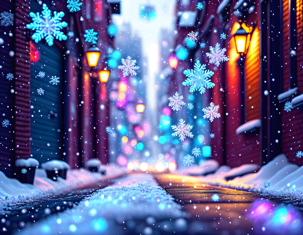 Snowy Cobblestone Street with Lampposts and Bokeh Lights