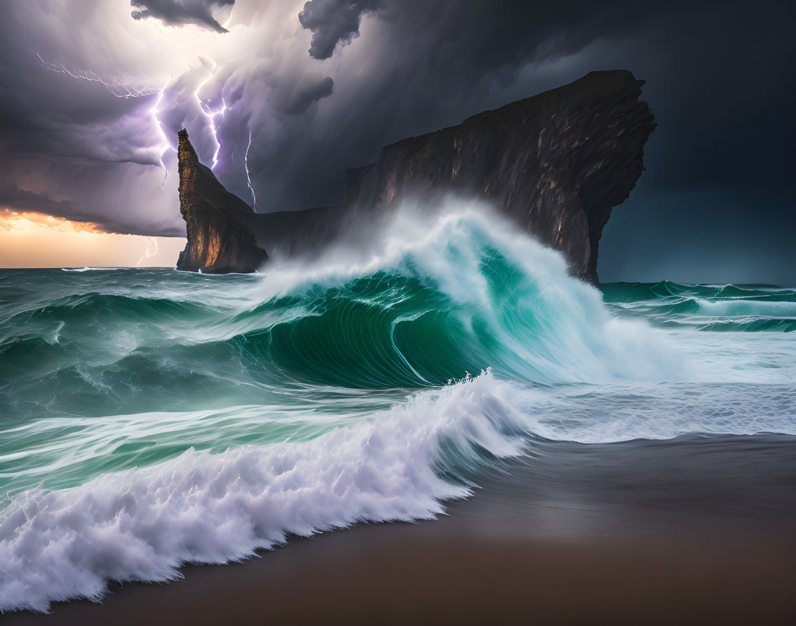 Stormy sea with towering waves and lightning strikes near rugged cliff