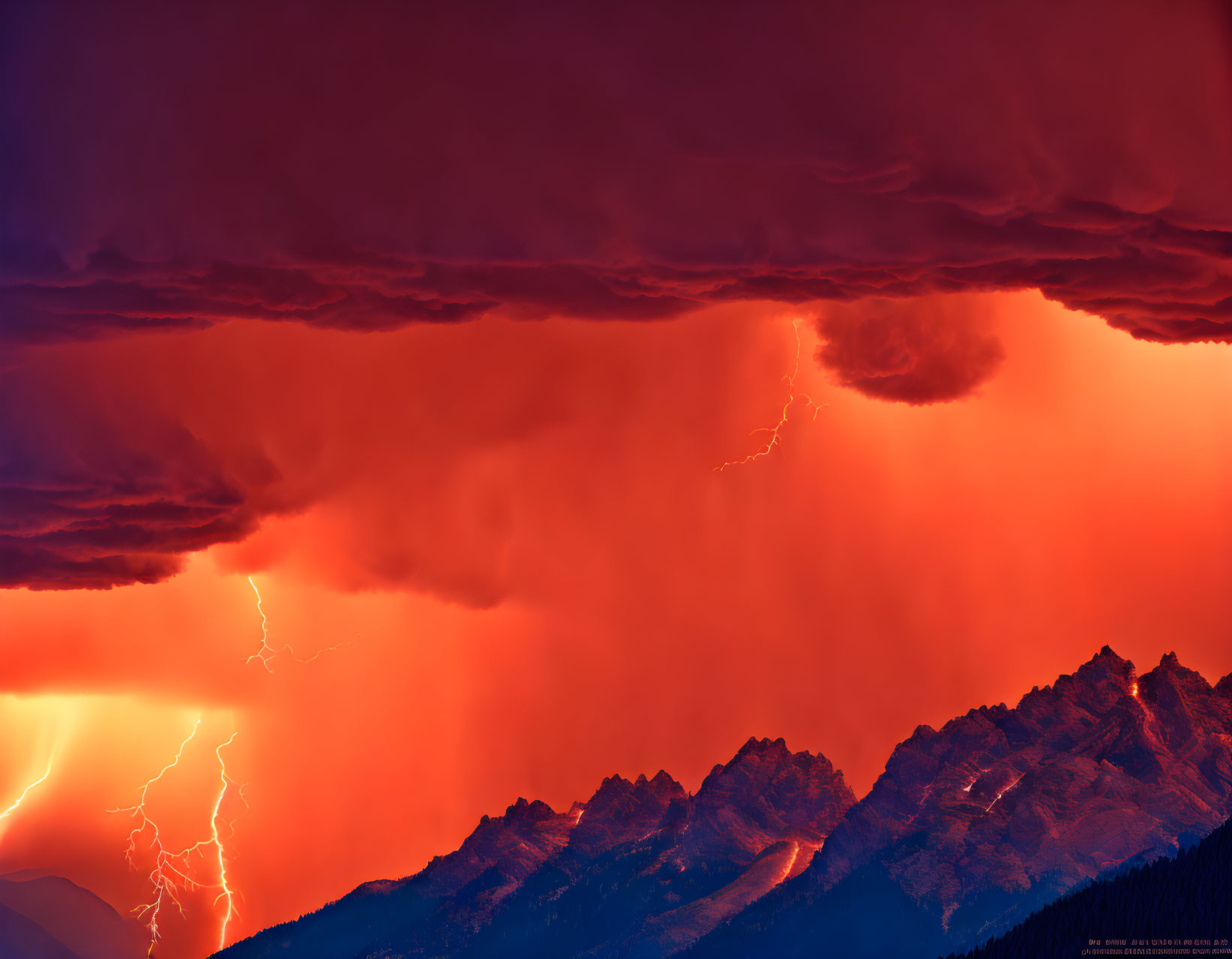 Fiery red sky and lightning over dark mountain peaks