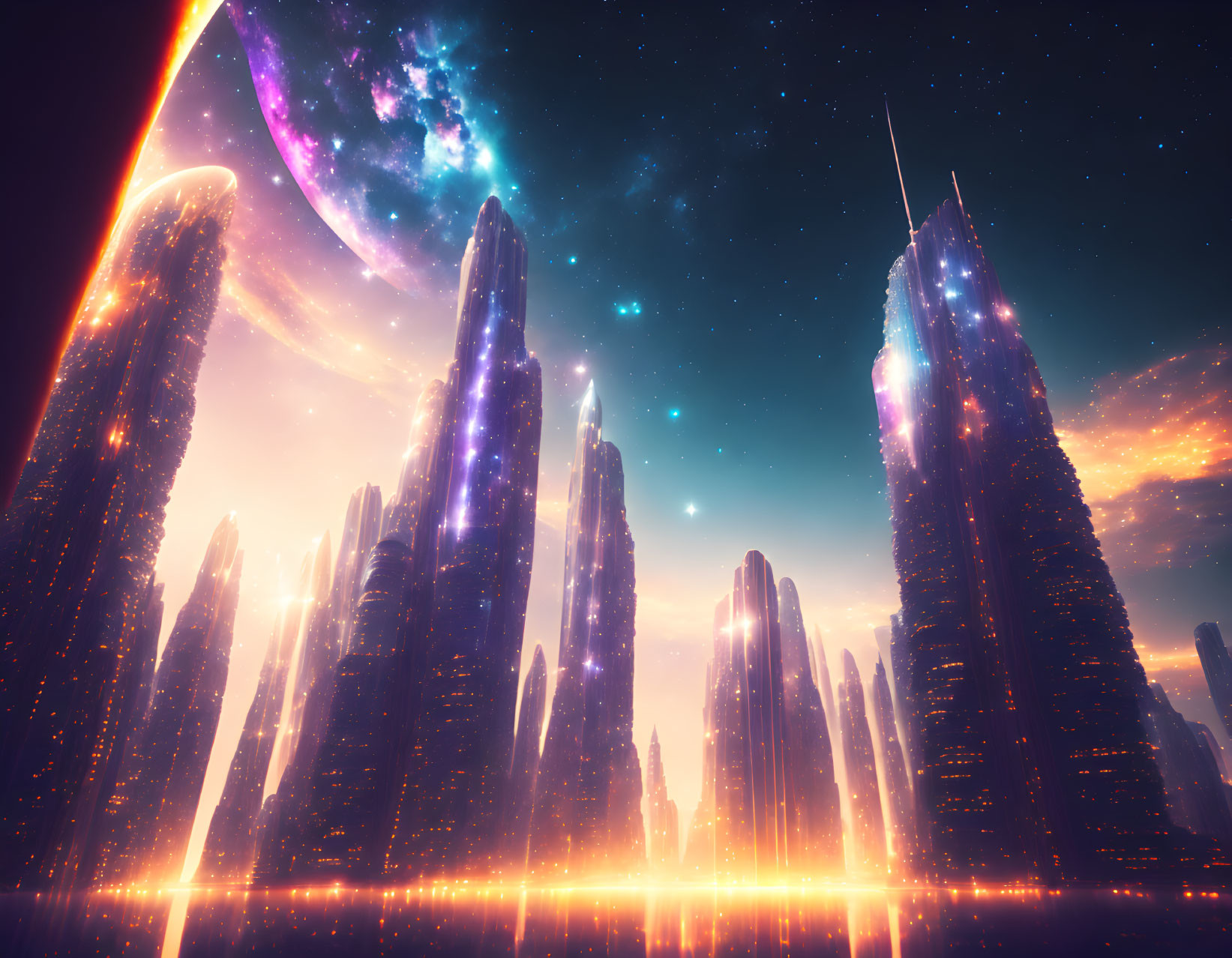 Futuristic cityscape with neon lights, skyscrapers, cosmic sky