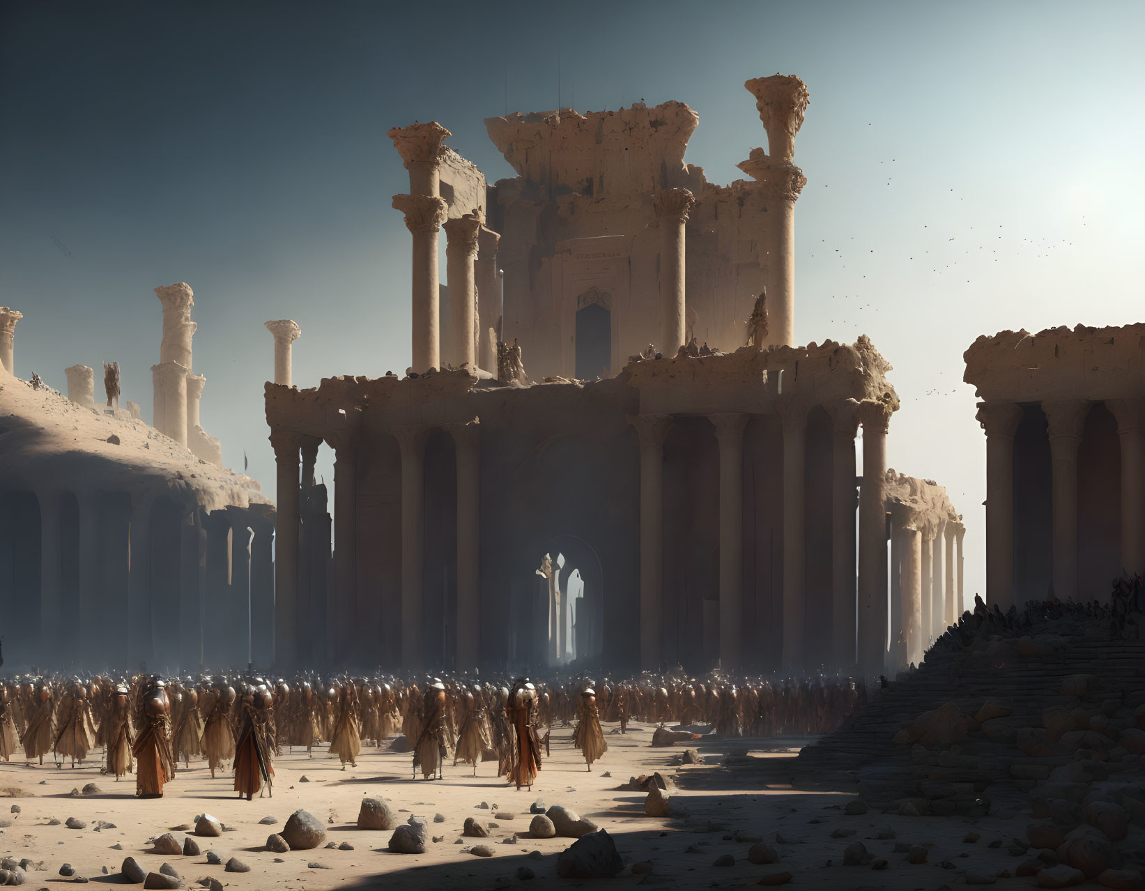 Mysterious cloaked figures in desert ruins with towering columns