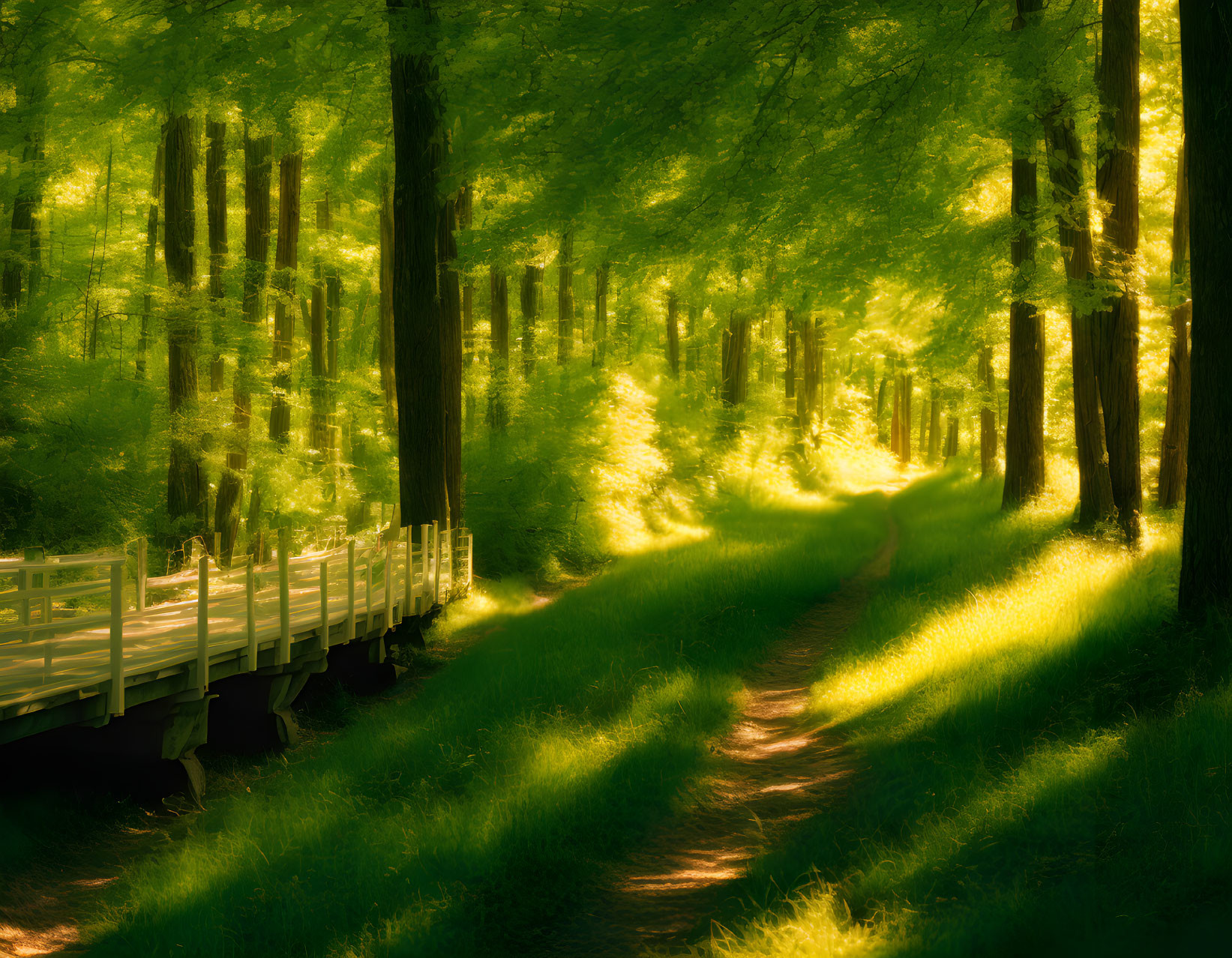 Sunlit Forest Path Leading to Bridge in Morning Light