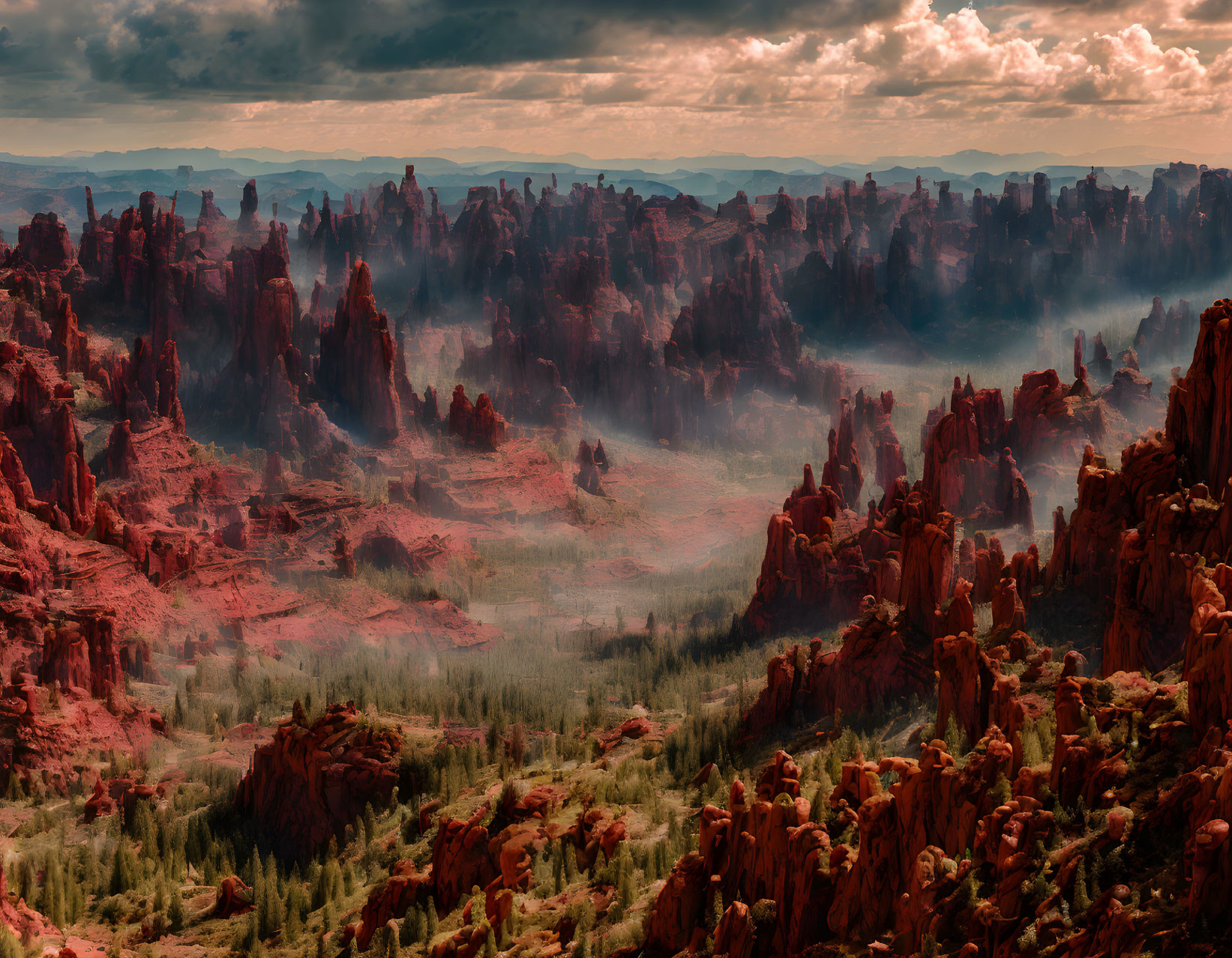 Majestic red rock formations in foggy landscape under dramatic sky