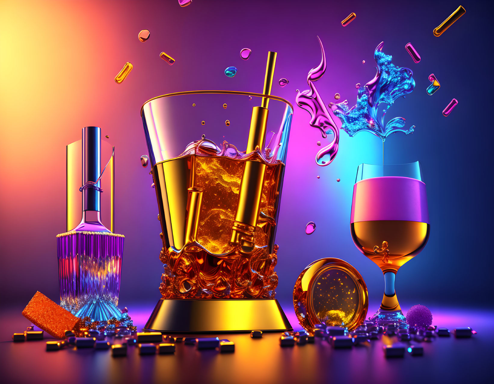 Colorful still life with whiskey glass, lipstick, wine glass, and confetti on gradient background