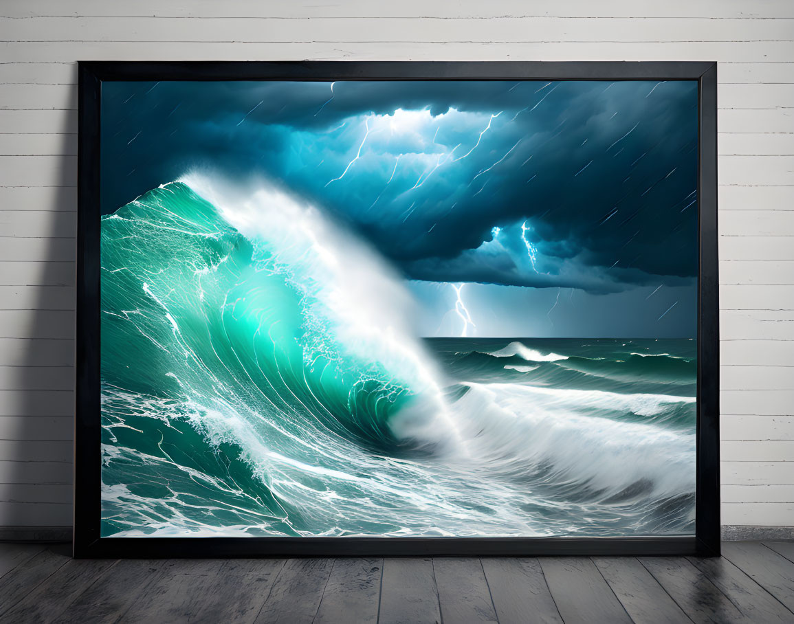 Stormy sea wave and lightning strike in framed image