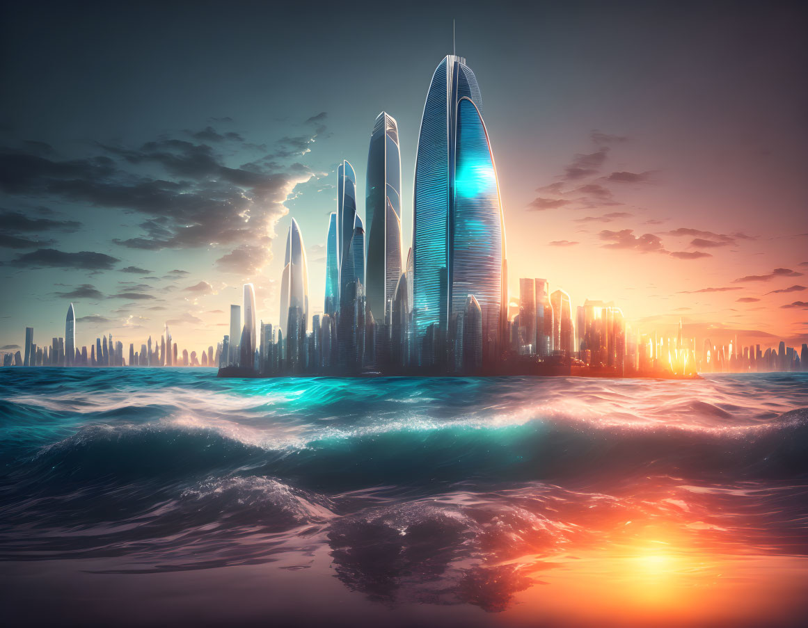 Futuristic city skyline at sunset with illuminated skyscrapers and ocean waves