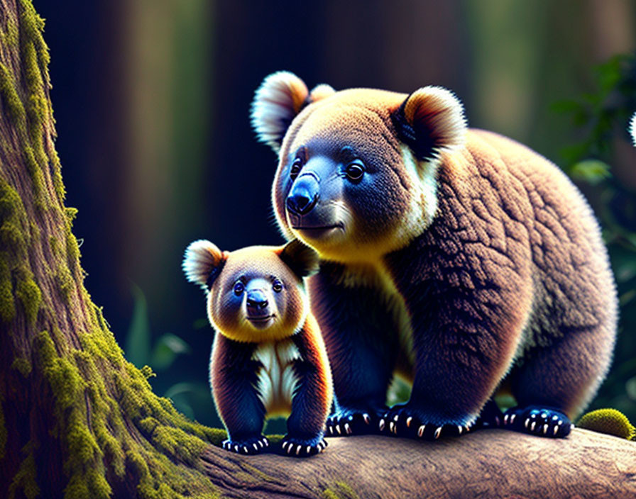 Mother and baby koala on mossy branch in serene forest setting