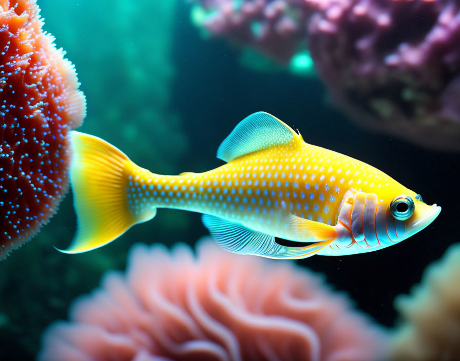 Vibrant underwater scene with bright yellow fish and coral