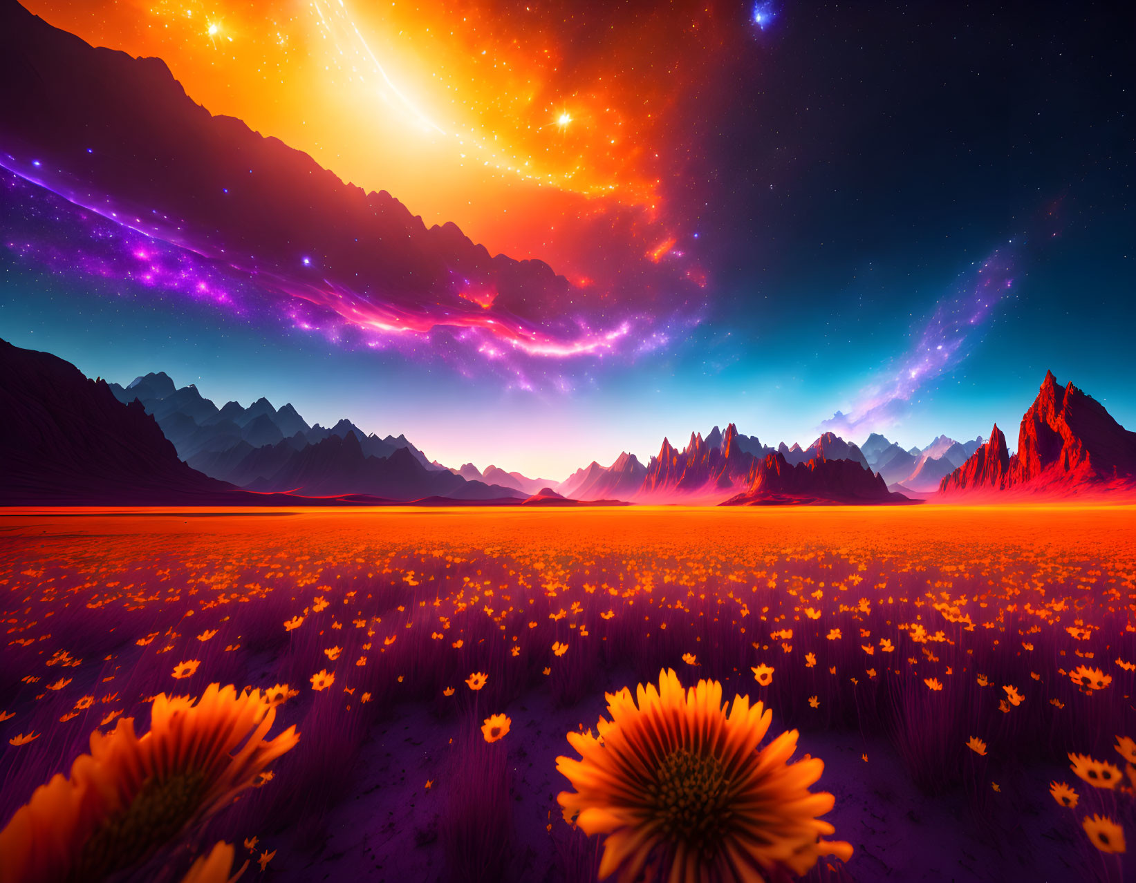 Colorful Landscape with Orange Flowers, Mountains, and Starry Sky