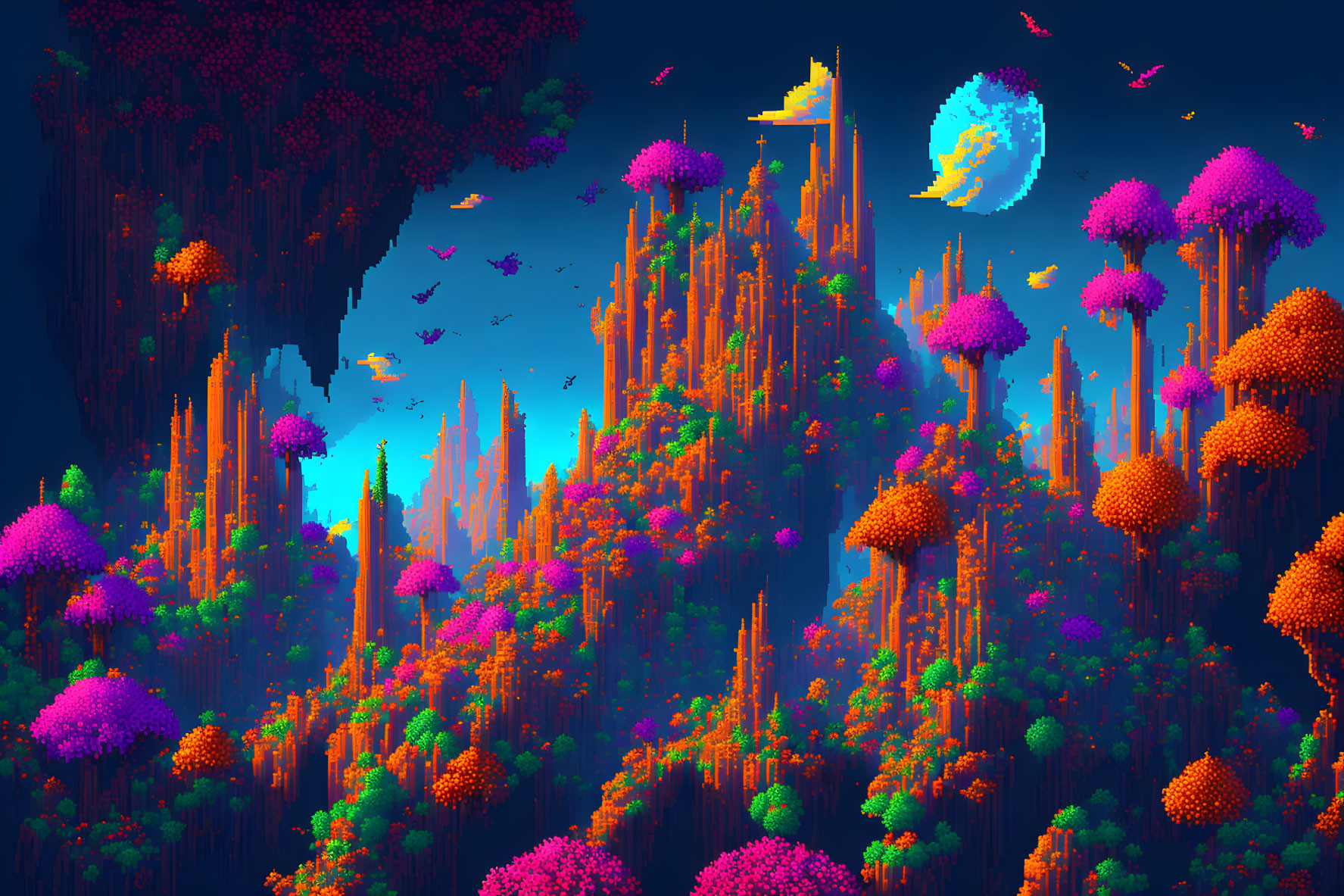 Colorful pixel art landscape with pink and orange formations, mushroom trees, moon, and flying creatures.