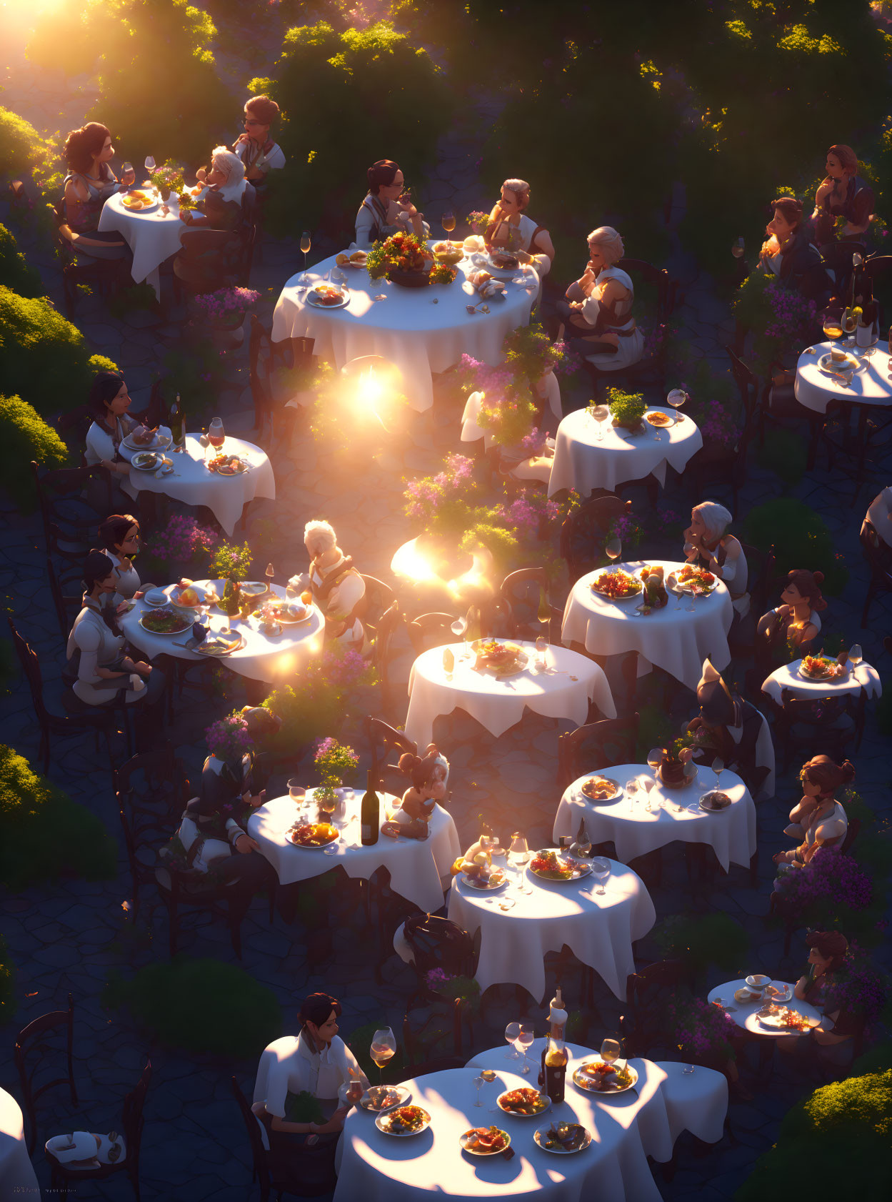 Outdoor dining scene at sunset with people eating and conversing in lush surroundings.