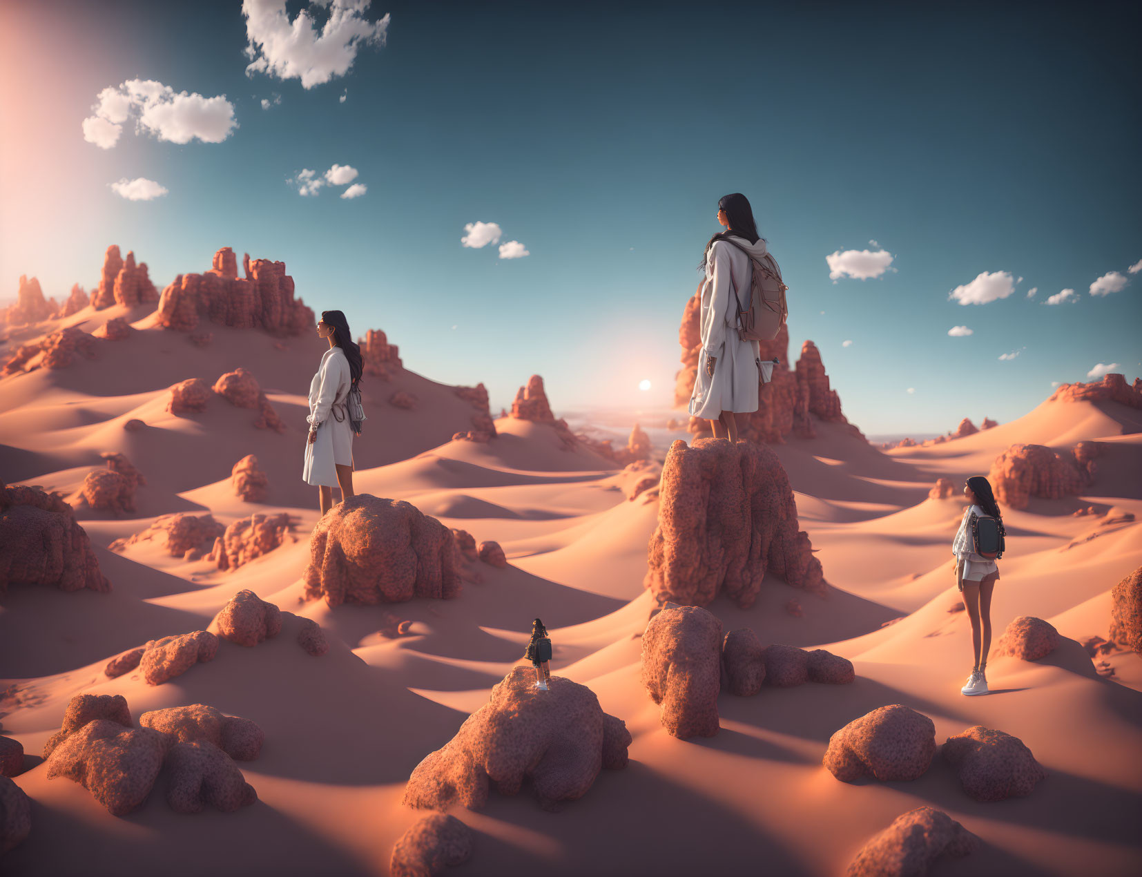 Three people in futuristic attire in serene desert landscape