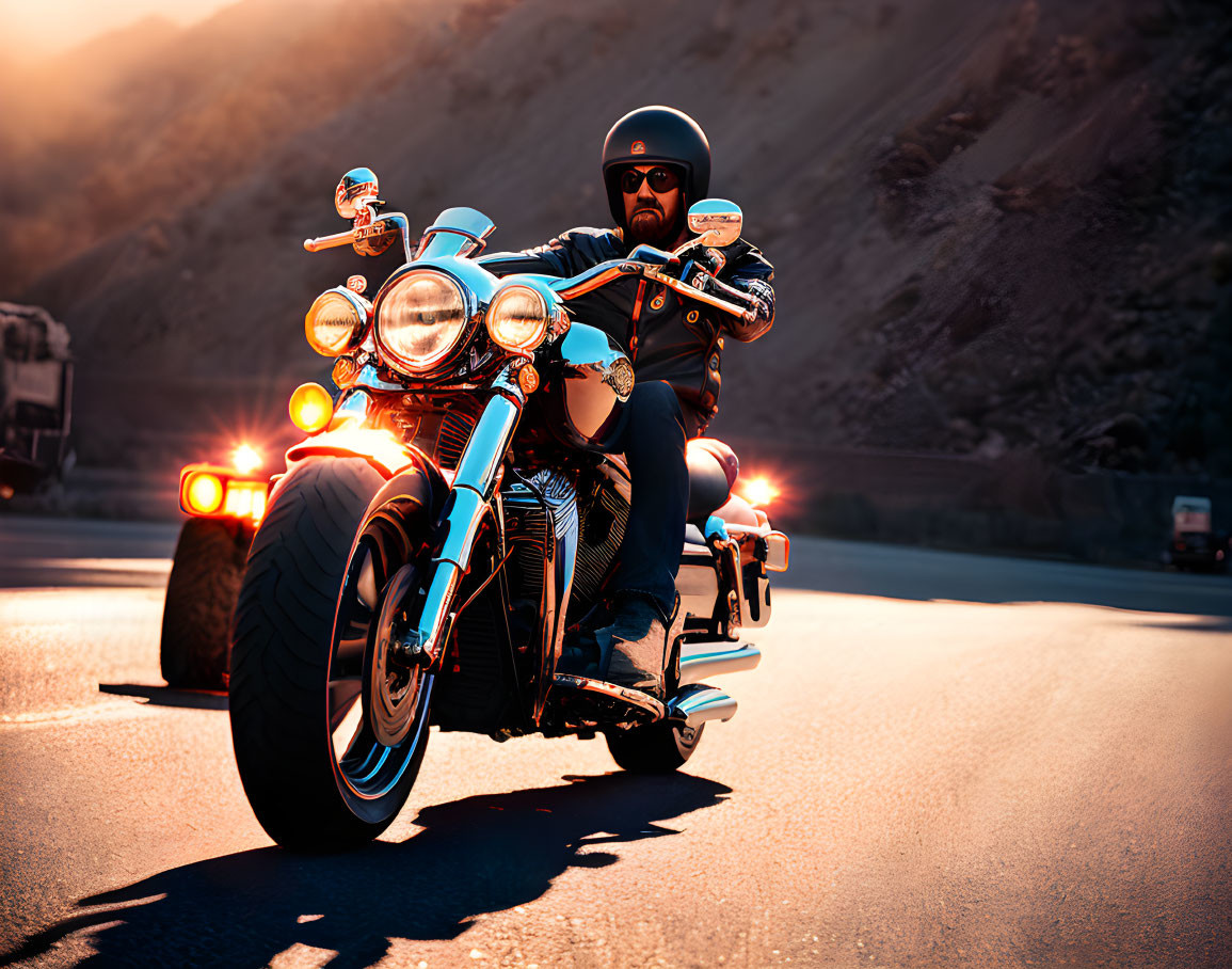 Motorcyclist in helmet rides blue cruiser bike on sunlit road