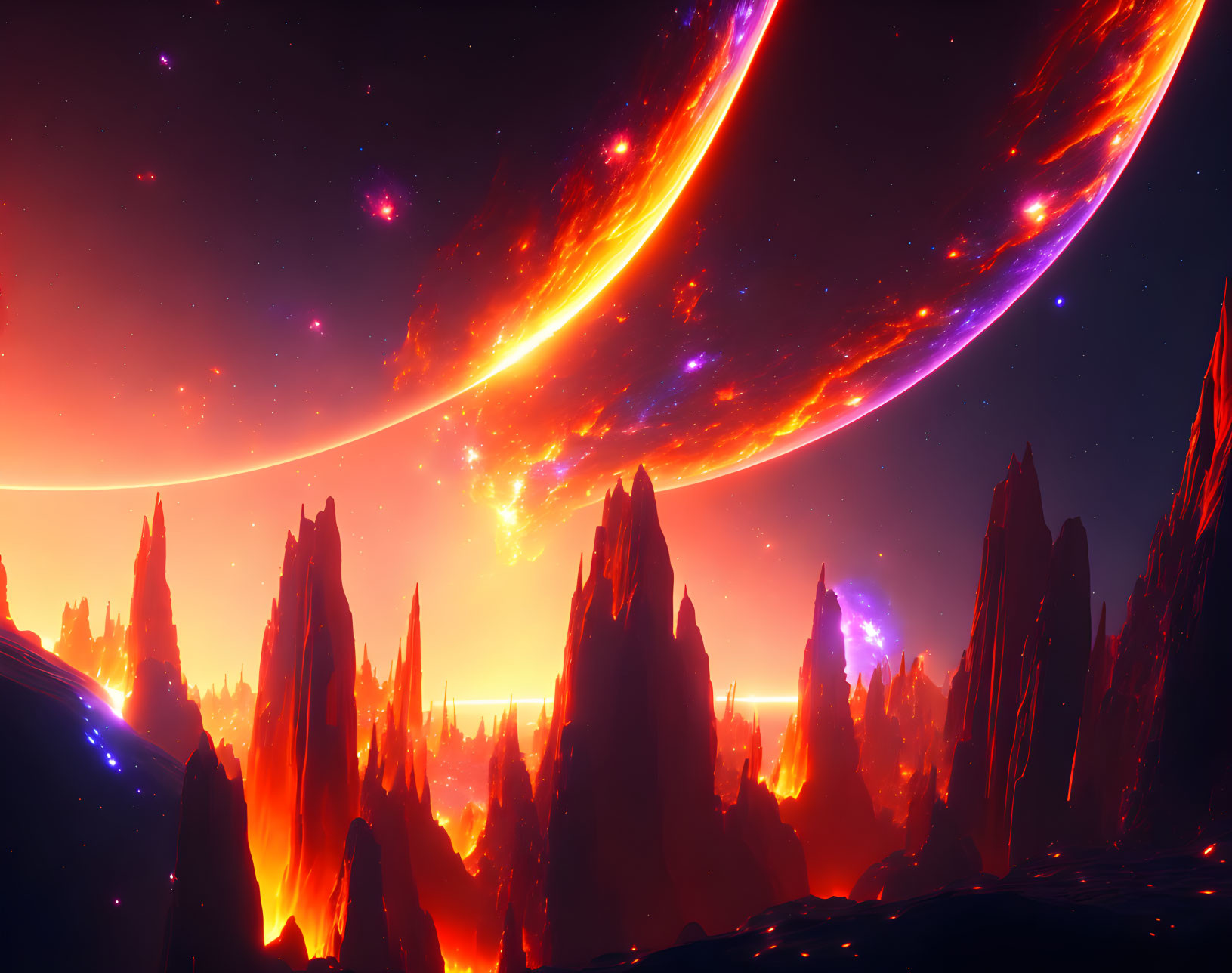 Sci-fi landscape with fiery spires and glowing celestial body