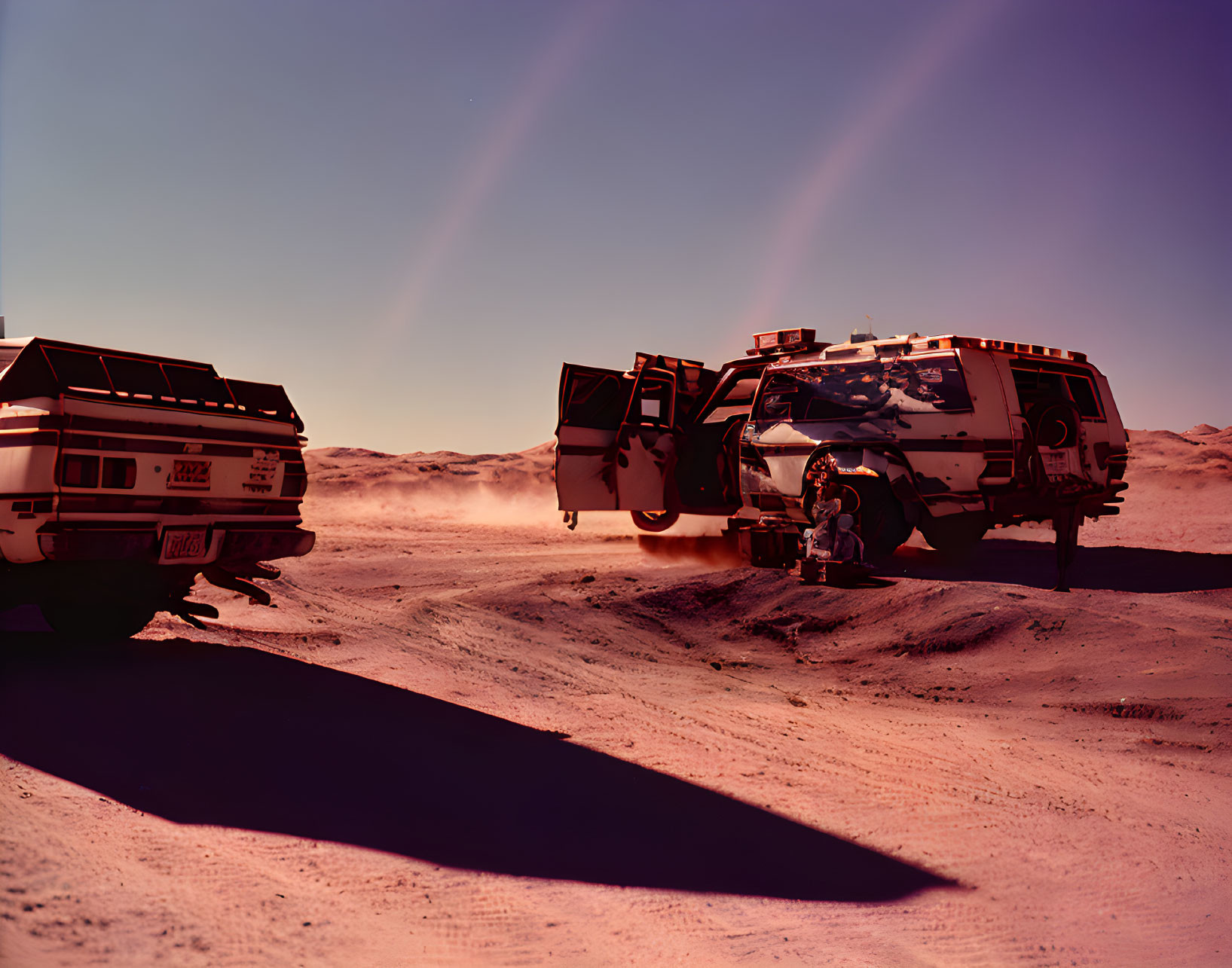 Astronaut examining soil samples on red Martian landscape.