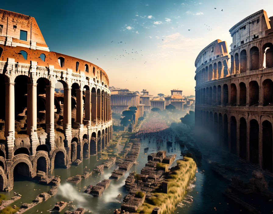 Composite surreal image: Colosseum submerged, birds in apocalyptic sky