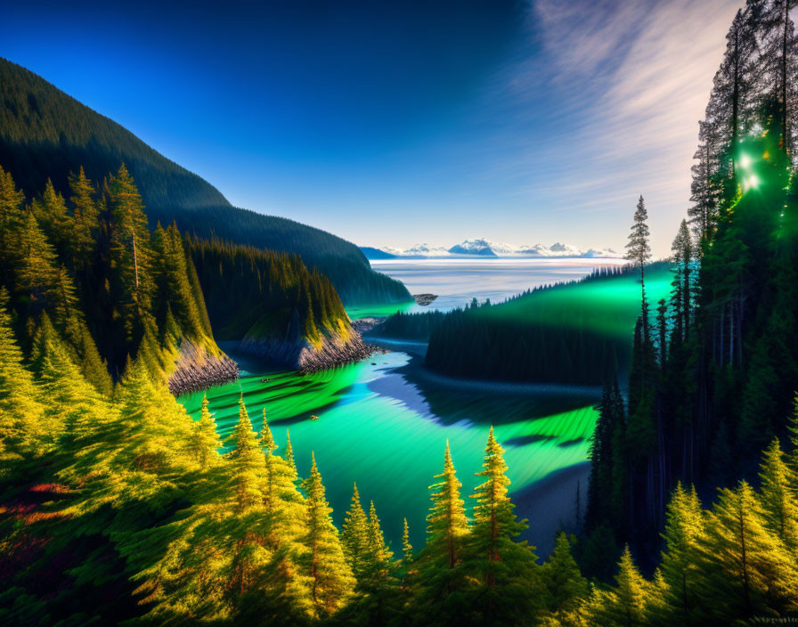 Serene Lake Surrounded by Forests and Blue Sky