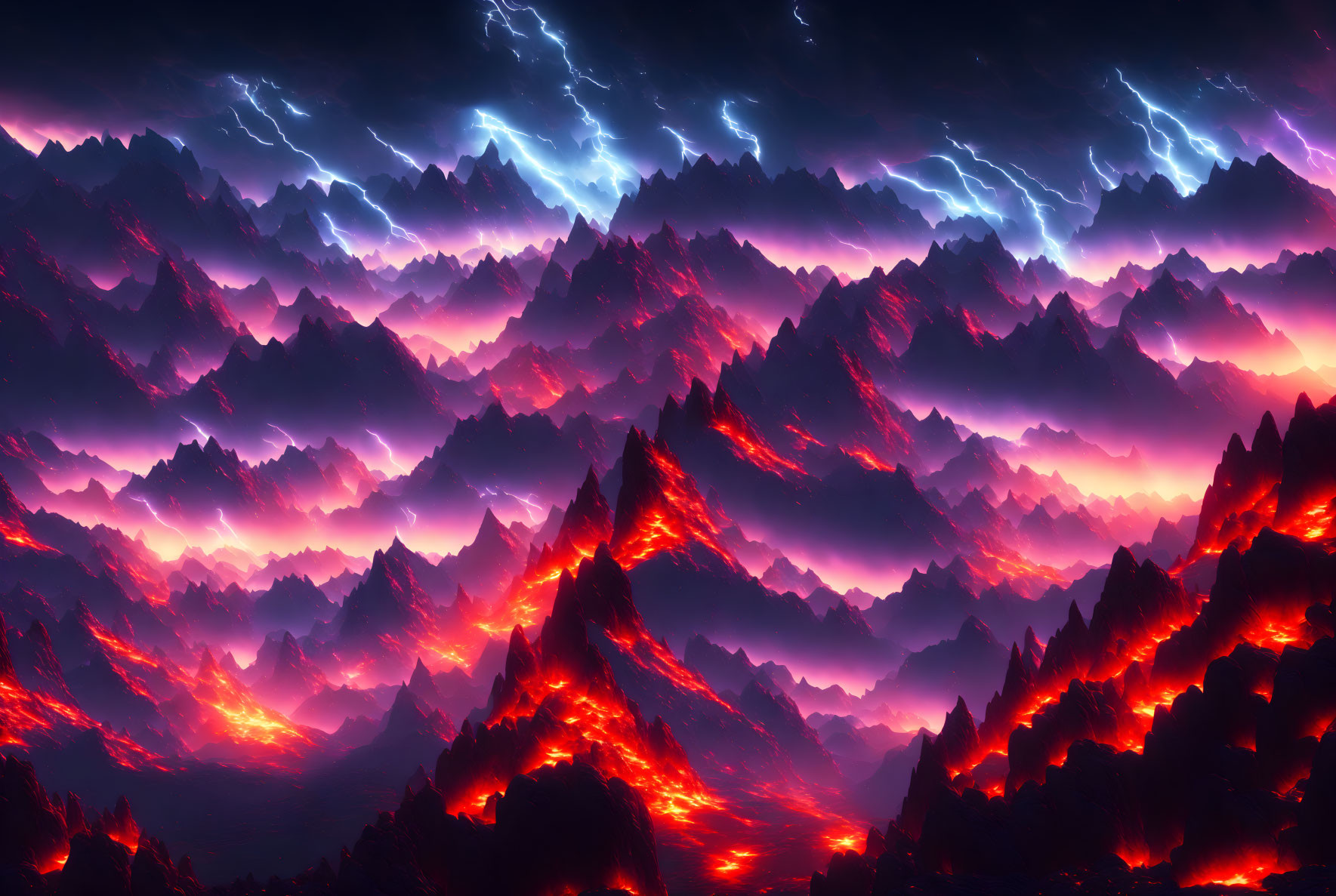 Digital Artwork: Mountain Range with Glowing Lava Flows & Electric Blue Lightning