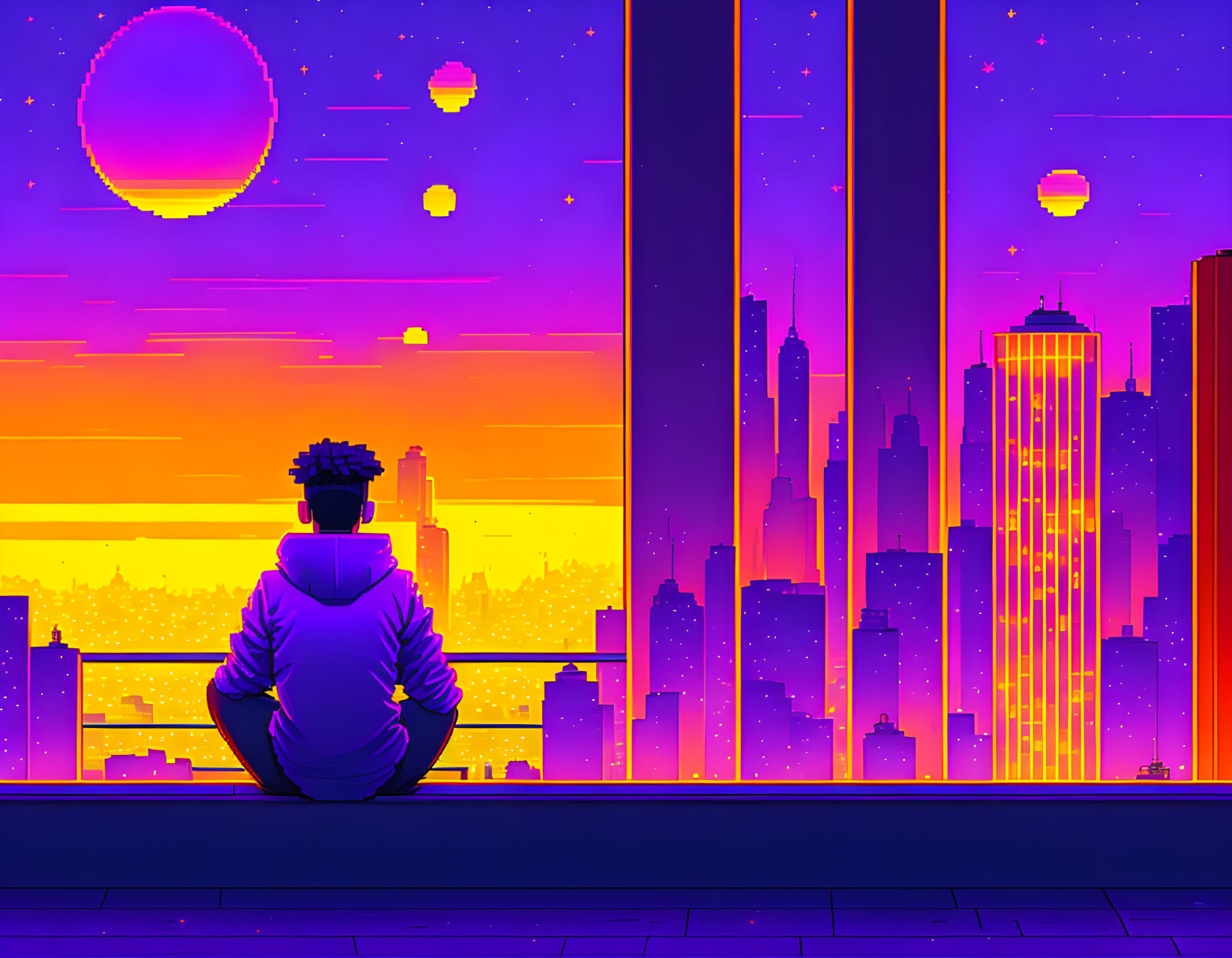 Person overlooking neon-lit cityscape at sunset with skyscrapers silhouette against orange and purple sky