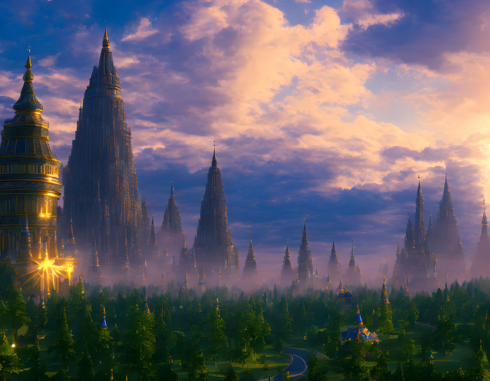 Fantastical cityscape at dusk: towering spires, misty forests, glowing sunset