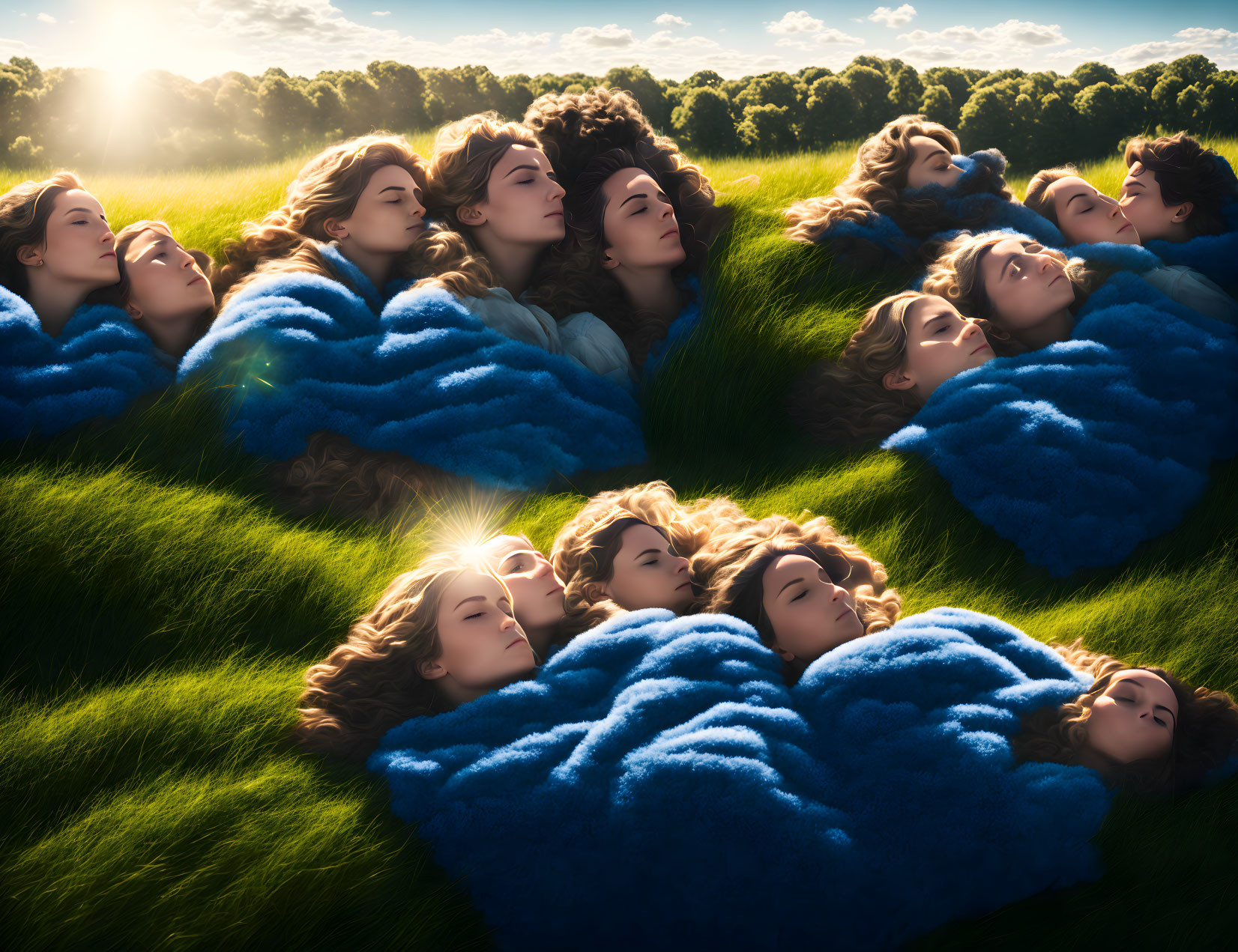 Identical Women Resting on Grass Field with Blue Blankets