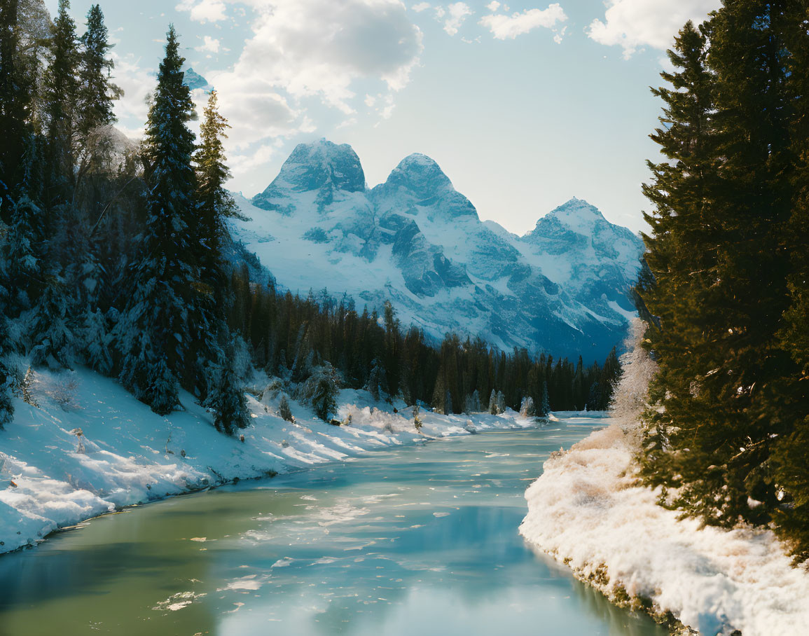 Scenic winter river landscape with mountains and forests