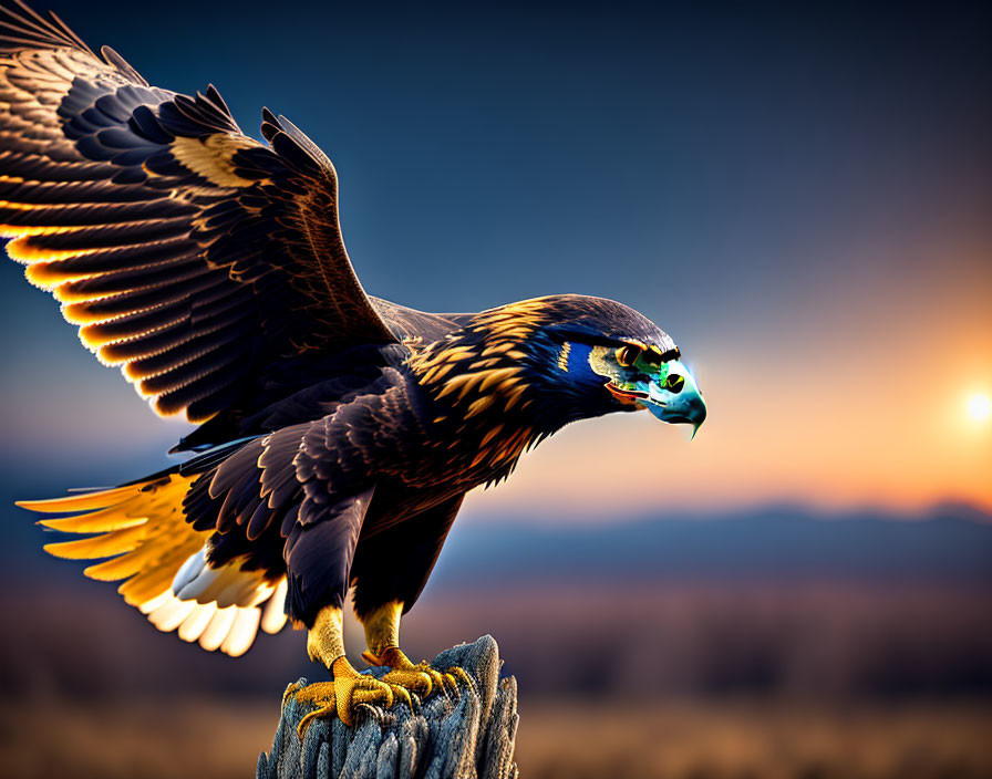 Eagle perched on wooden post at sunset with outstretched wings