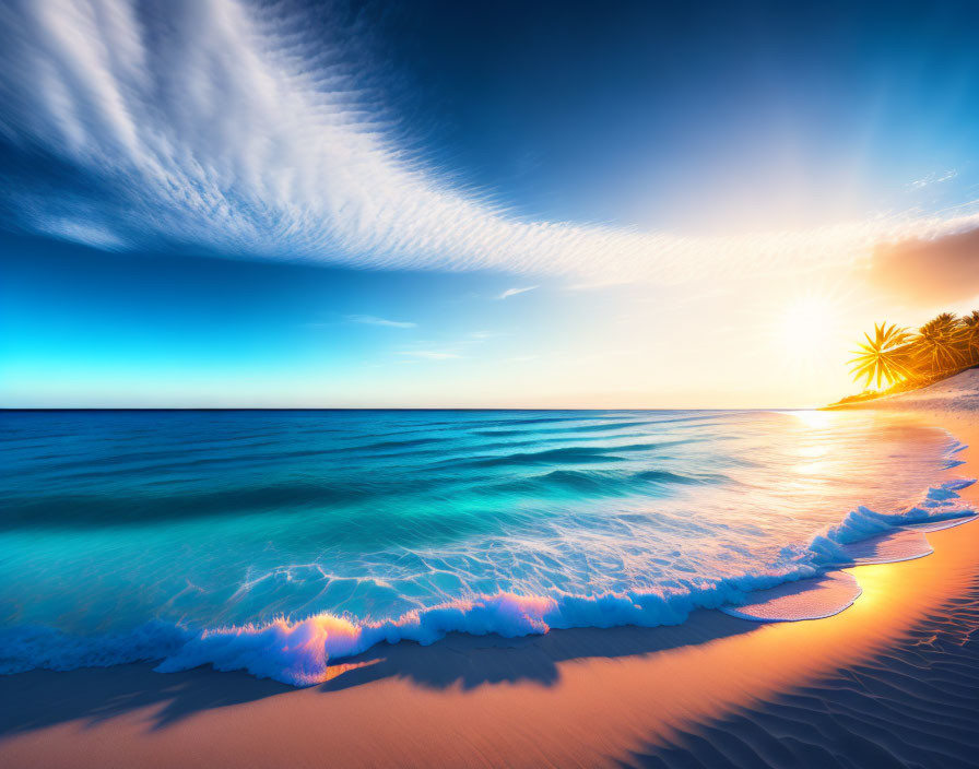 Scenic Beach Sunset with Blue Waves and Cloudy Sky