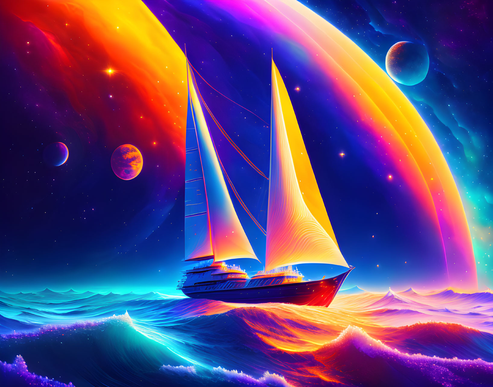 Colorful Digital Artwork: Sailboat on Cosmic Sea with Planets and Nebula Sky