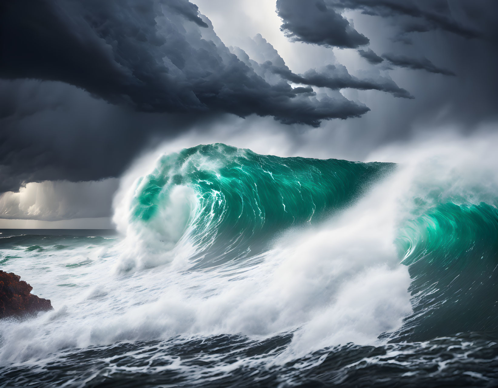 Giant powerful wave in turbulent ocean under stormy sky