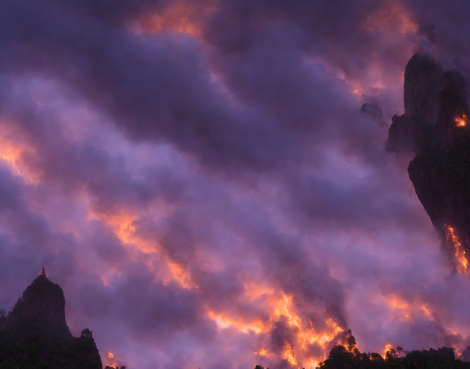 Dramatic purple and orange sky over rugged mountain peak