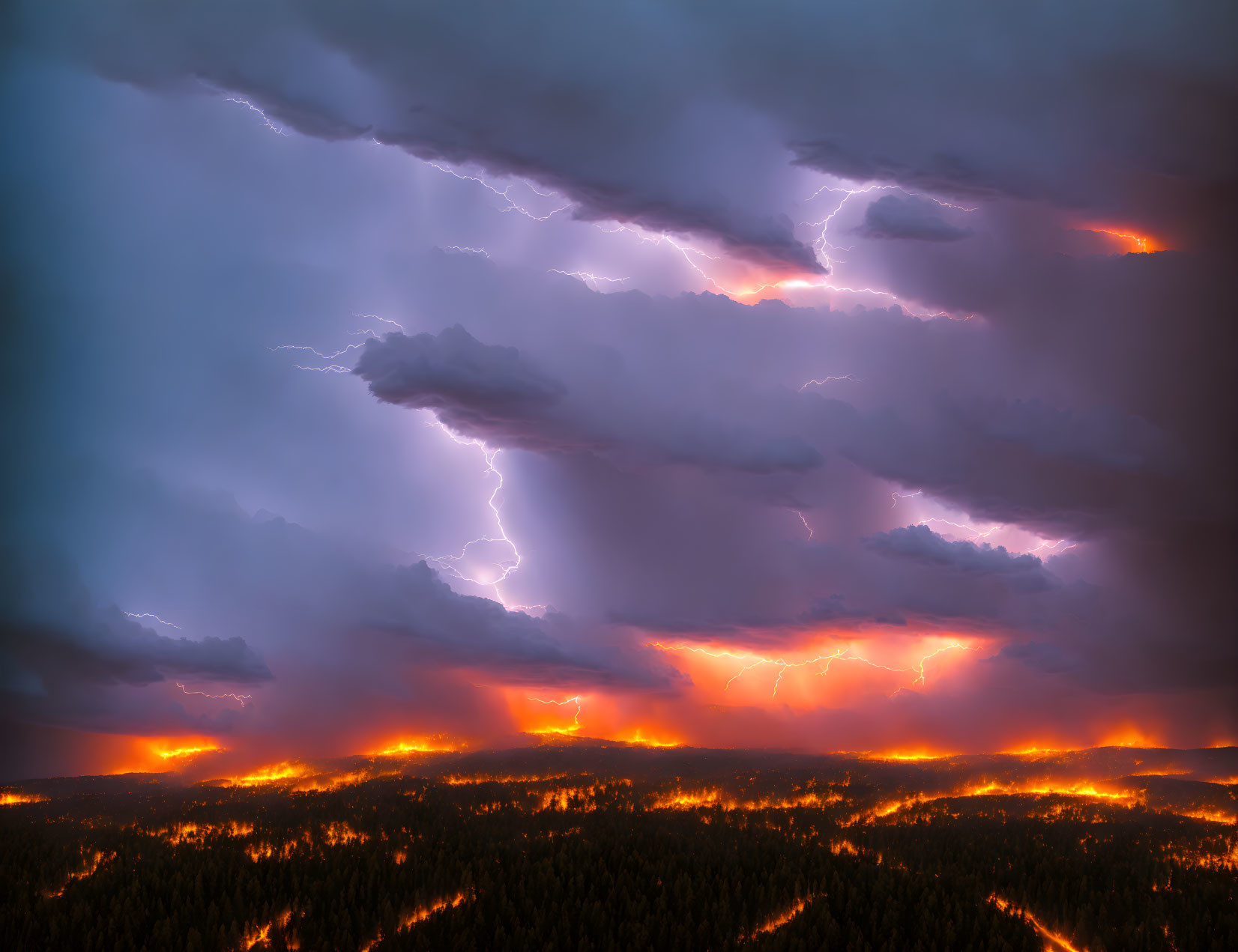 Intense lightning strikes over fiery night landscape