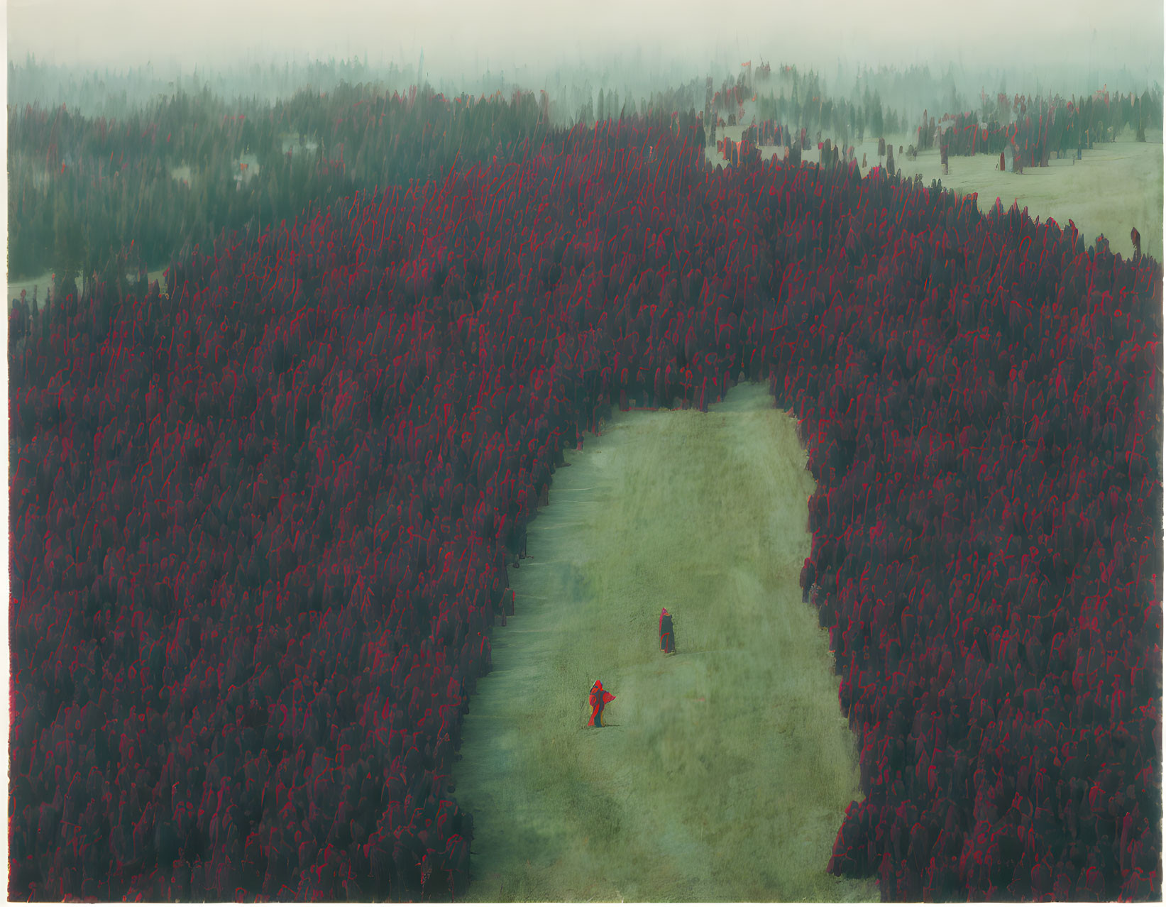 Forest clearing with person walking towards dark figure