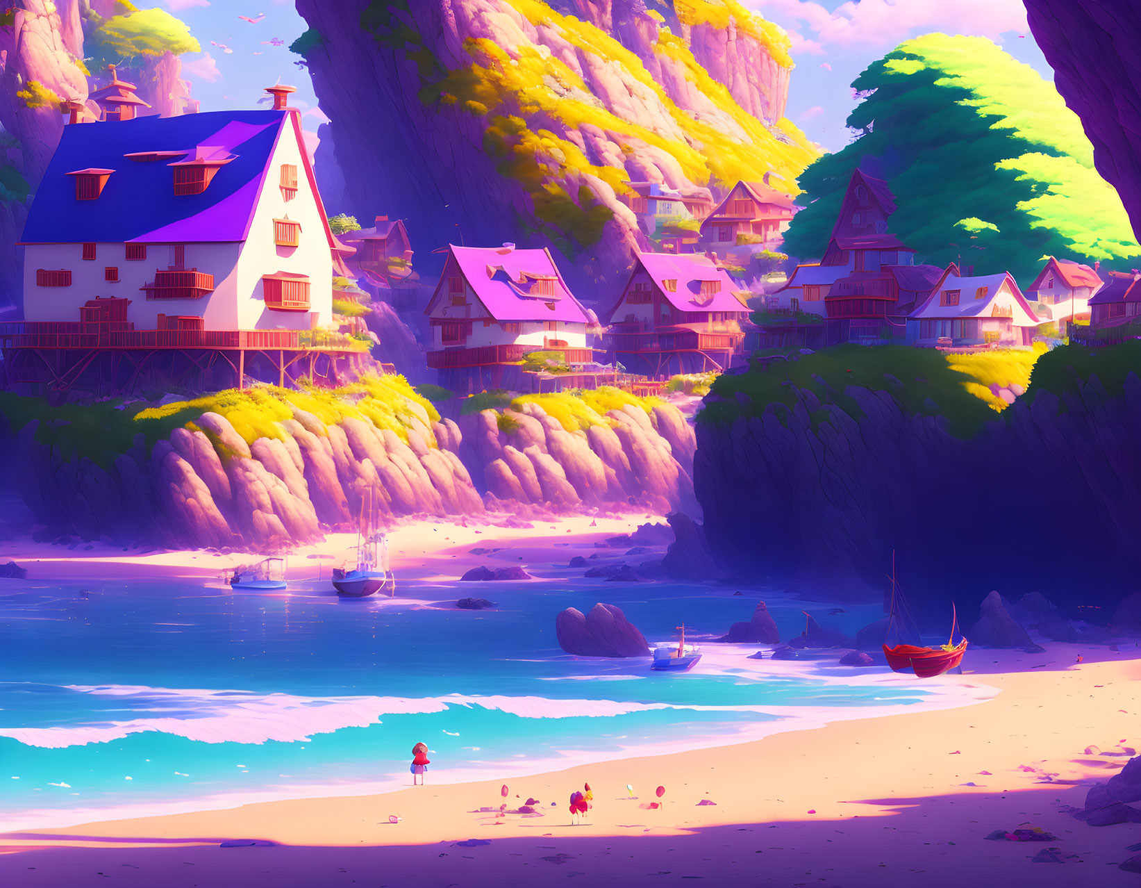 Vibrant seaside village with colorful houses, sandy beach, boats, and lone figure walking by the