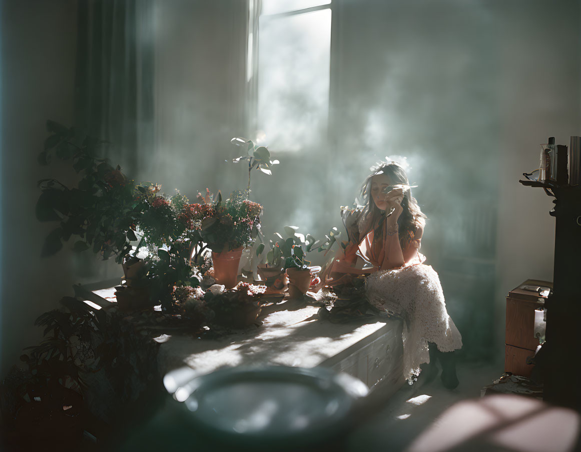 Person sitting by window surrounded by plants in soft light