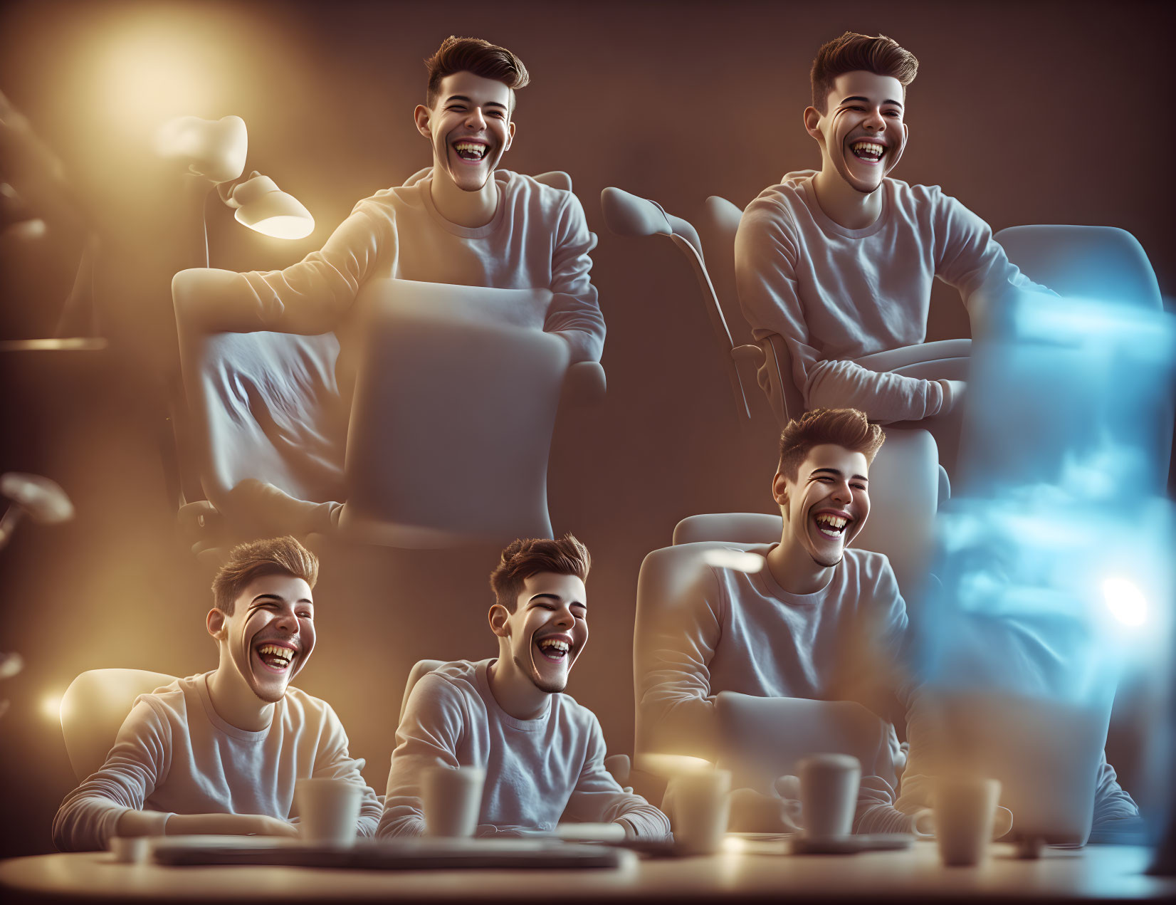 Four images of smiling person with cups and saucers in warm glow