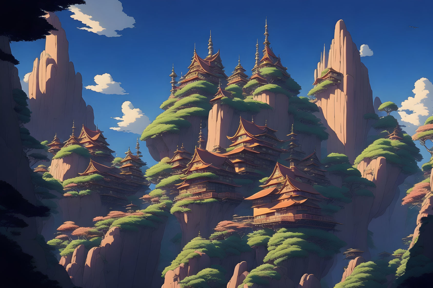 Fantasy temple complex on pine-covered cliffs