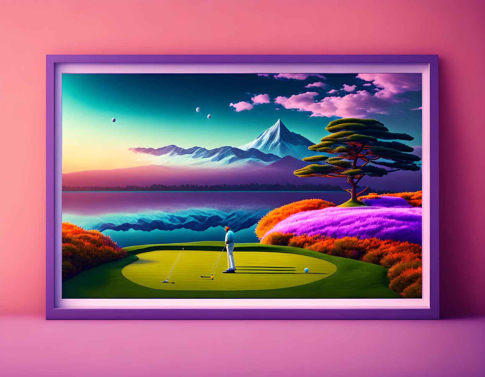 Colorful digital artwork: Person playing golf on lush green field