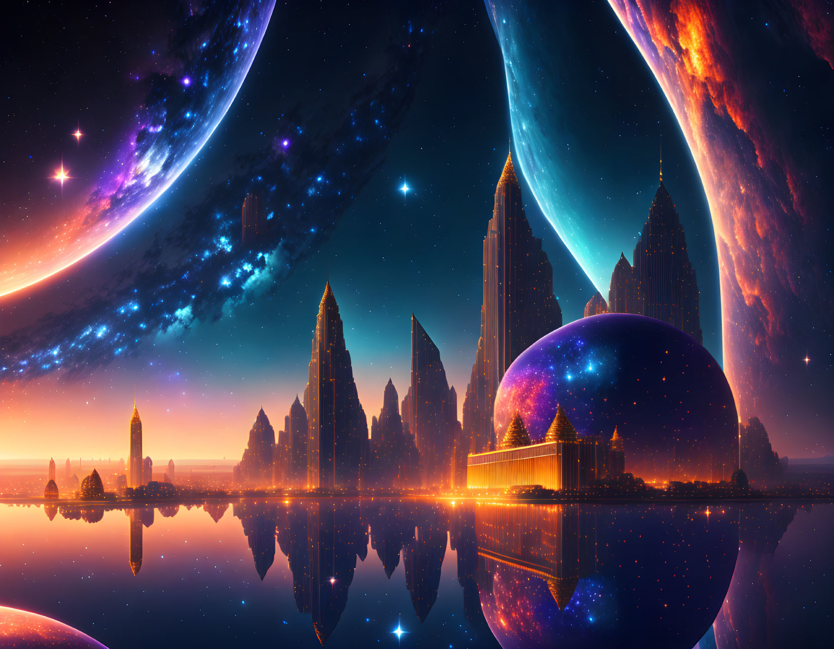 Futuristic cityscape with glowing buildings under starry sky and celestial bodies reflected on water.