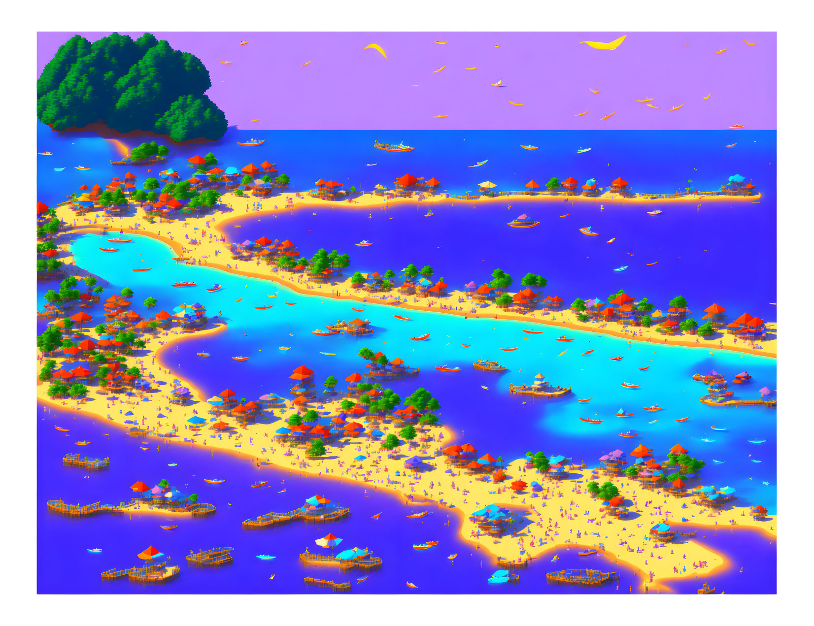 Pixelated tropical island scene with beach, boats, paragliders, umbrellas, clear waters