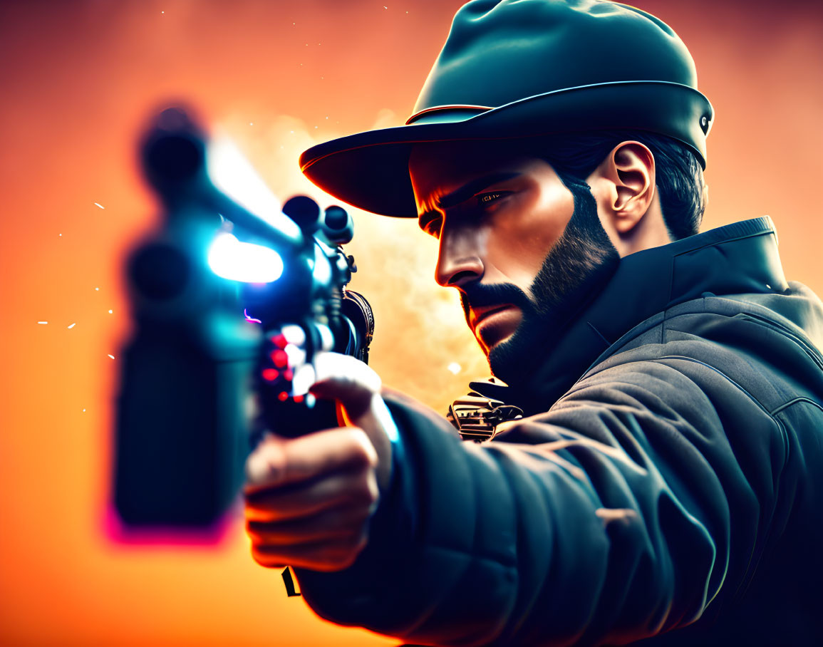 Stylized illustration of stern-faced man in fedora aiming gun on fiery orange backdrop