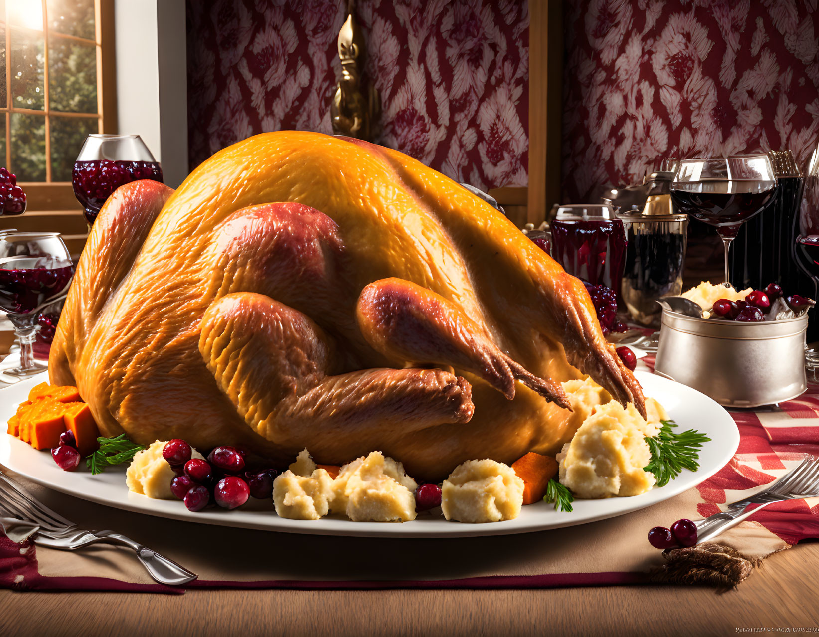 Golden-brown roasted turkey with sides on adorned table