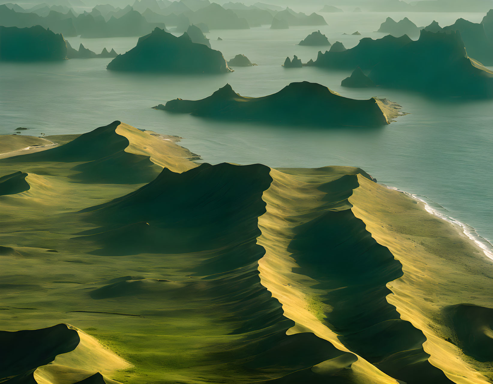 Scenic coastal hills with dramatic shadows overlooking tranquil sea at sunrise