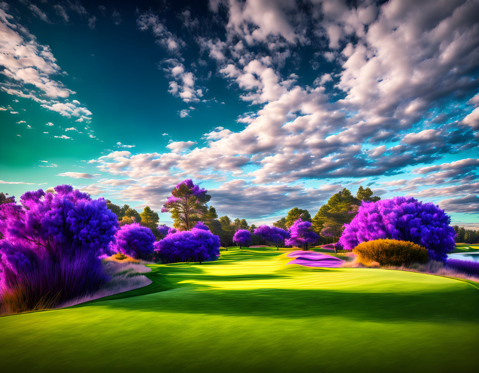 Scenic golf course with purple foliage and sand bunker