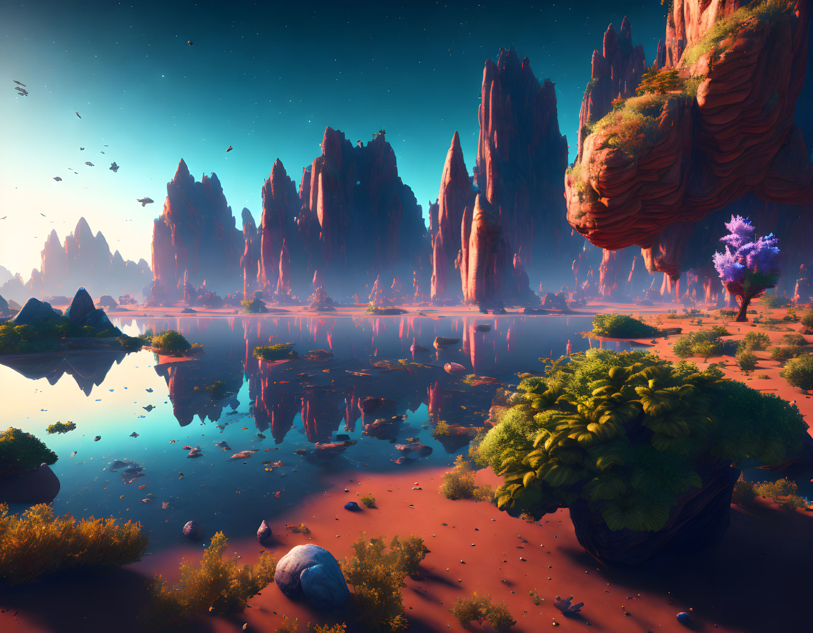 Alien landscape with red rock formations, water, vegetation, and starry sky