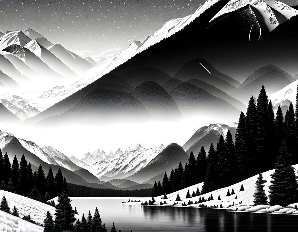 Layered Mountains and Serene Lake in Monochromatic Landscape