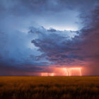 Intense lightning strikes over fiery night landscape